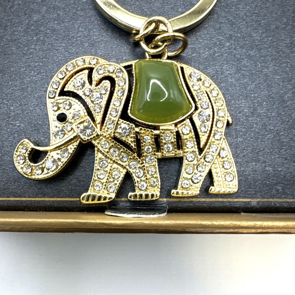 Monet Elephant Rhinestone Keychain Goldtone Green Stone Keyring Key Tag IOB - Picture 2 of 3
